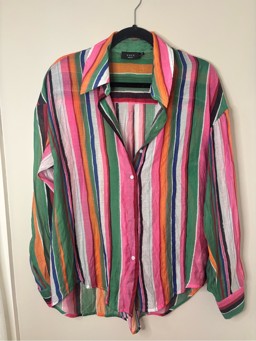 Vici Multistripe Button-Down Shirt - Pink, Green & Orange